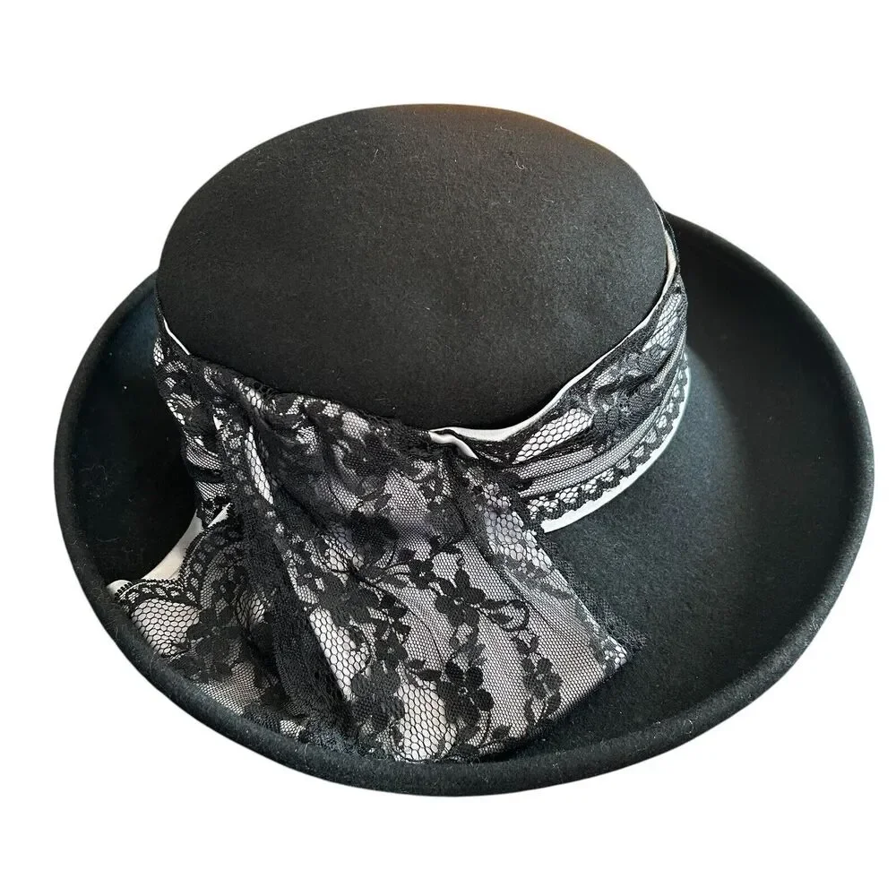 DA-Me Vintage Women's Black 100% Wool Hat with Black and White Lace Trim